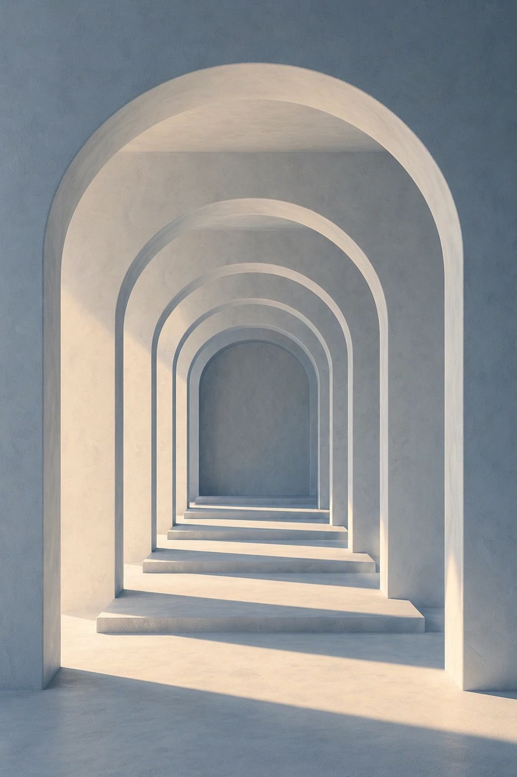 Couloir architectural avec arches successives en perspective minimaliste